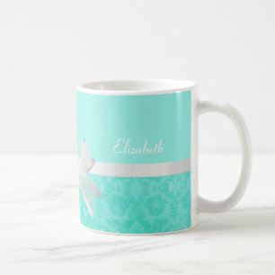 Girly Aqua Turquoise Damask White Ribbon With Name Coffee Mug
