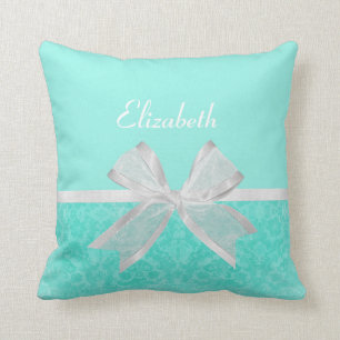Girly Aqua Turquoise Damask White Ribbon With Name Cushion