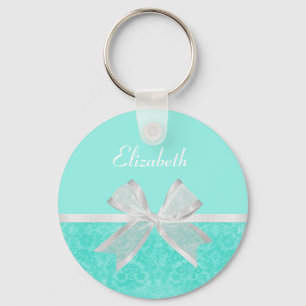 Girly Aqua Turquoise Damask White Ribbon With Name Key Ring