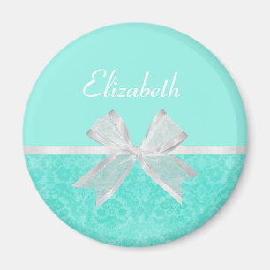 Girly Aqua Turquoise Damask White Ribbon With Name Magnet