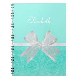 Girly Aqua Turquoise Damask White Ribbon With Name Notebook