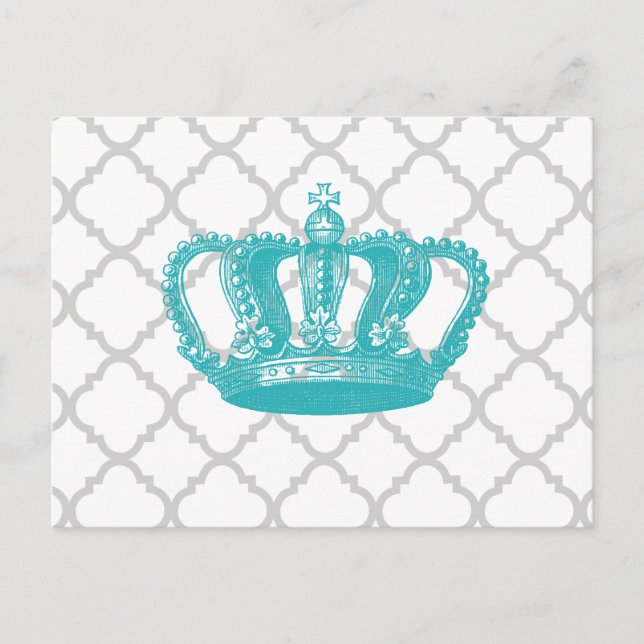 GIRLY AQUA VINTAGE CROWN GREY QUATREFOIL PATTERN POSTCARD (Front)