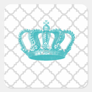 GIRLY AQUA VINTAGE CROWN GREY QUATREFOIL PATTERN SQUARE STICKER