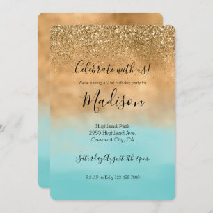Girly Aqua Watercolor Gold Glitter Invitation