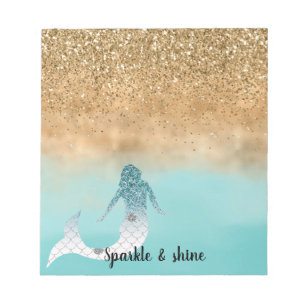 Girly Aqua Watercolor Gold Glitter Mermaid Notepad