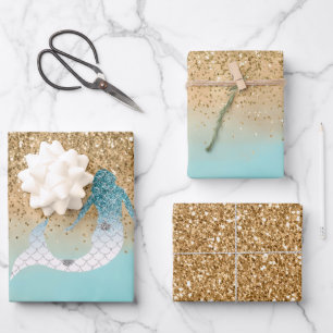 Girly Aqua Watercolor Gold Glitter Mermaid    Wrapping Paper Sheet