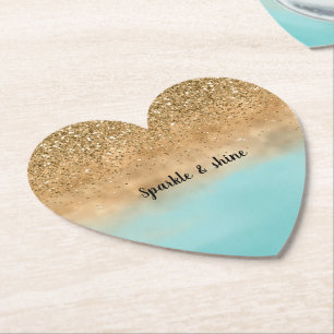 Girly Aqua Watercolor Gold Glitter Paper Coaster