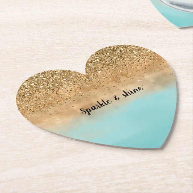 Girly Aqua Watercolor Gold Glitter Paper Coaster (Angled)