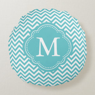 Girly Aqua White Chevron Stripes Monogram Round Cushion