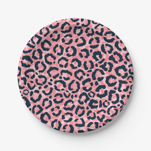 Girly Artsy Pink Blue Leopard Animal Print Paper Plate (Front)