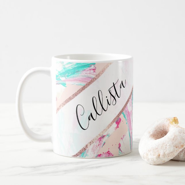 Girly Artsy Pink Teal Acrylic Abstract Flower Art Coffee Mug (With Donut)