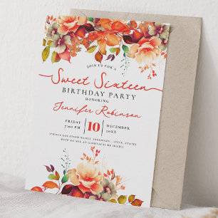 Girly Autumn Fall Floral Sweet 16 Birthday Party Invitation