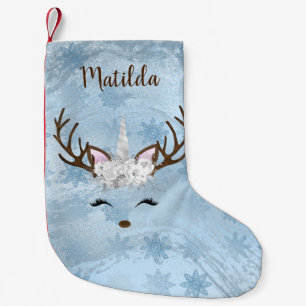 Girly baby blue marble unicorn reindeer snowflakes small christmas stocking