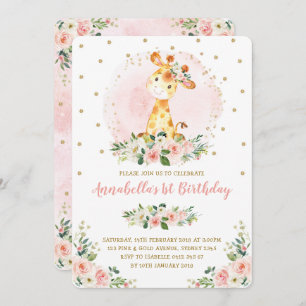 Girly Baby Giraffe Blush Gold Floral 1st Birthday Invitation