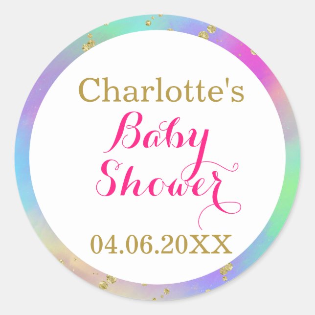 Girly Baby Shower Colourful Unicorn Gold Glitter Classic Round Sticker (Front)