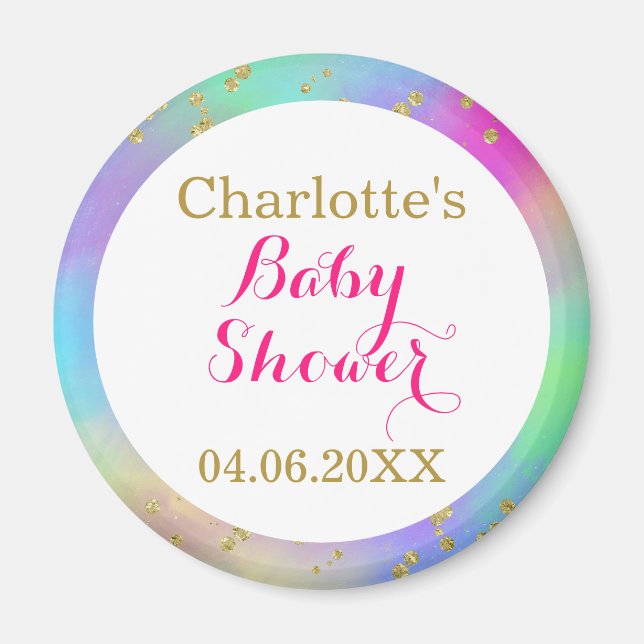 Girly Baby Shower Colourful Unicorn Gold Glitter Magnet (Front)