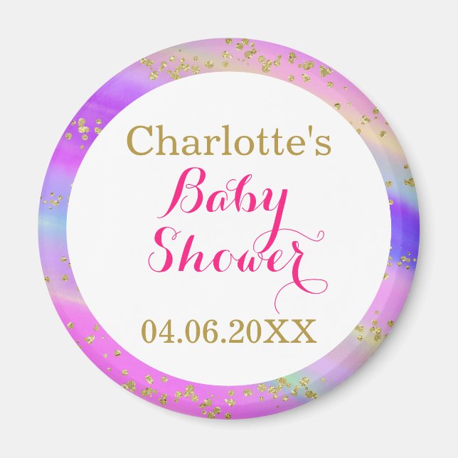 Girly Baby Shower Colourful Unicorn Gold Glitter Magnet (Front)