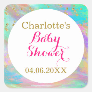 Girly Baby Shower Colourful Unicorn Gold Glitter Square Sticker