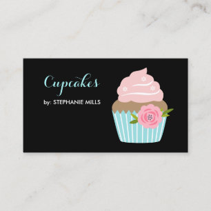 Girly Bakery Cute Blue Cupcake With Pink Flower Business Card