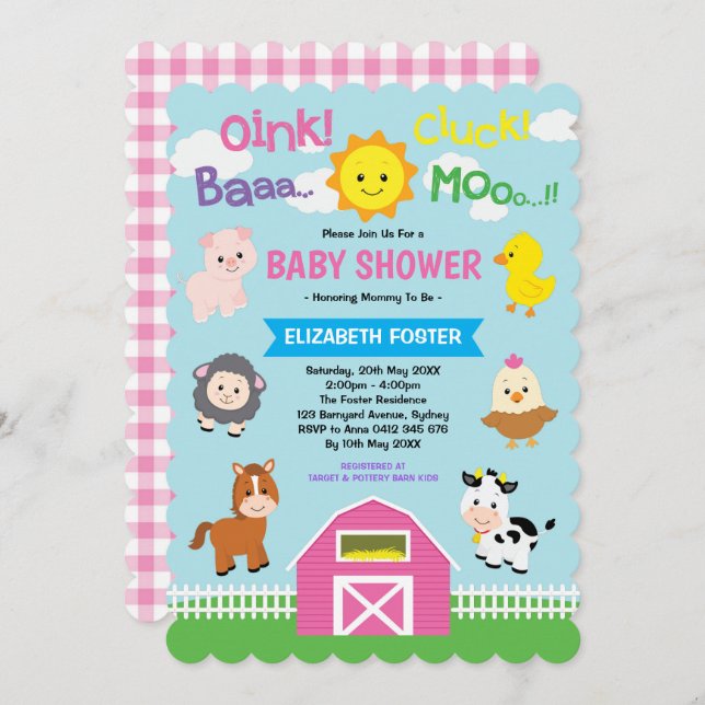 Girly Barnyard Baby Shower Pink Farm Animals Party Invitation (Front/Back)