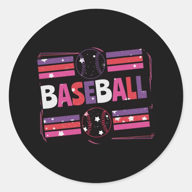 Girly Baseball Word Art Classic Round Sticker (Front)