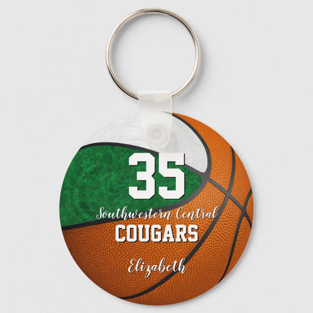 girly basketball green white school team colours key ring (Front)