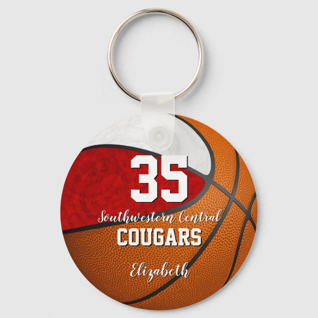 girly basketball red white school team colours key ring (Front)