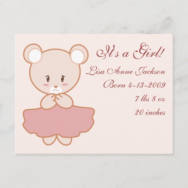 Girly Bear Announcement Postcard (Front)