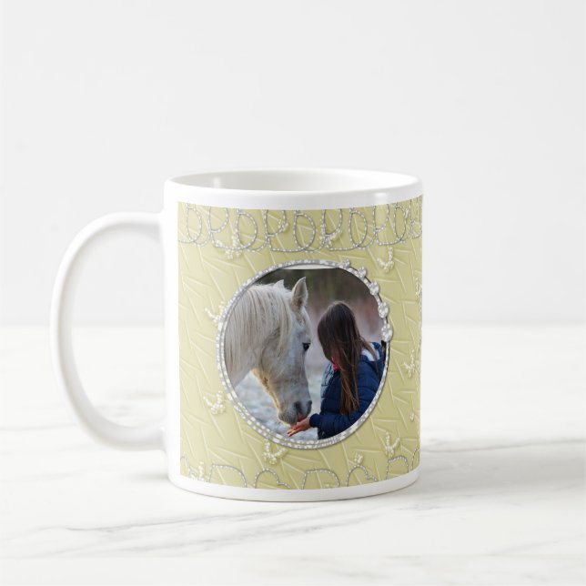 Girly Beige Faux Sparkly Two Photo Heart Accent Coffee Mug (Left)
