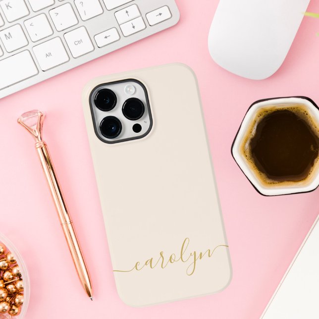 Girly Beige Monogram Modern Script Personalised iPhone Case (Creator Uploaded)