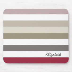 Girly Beige Red Big Horizontal Stripes With Name Mouse Pad
