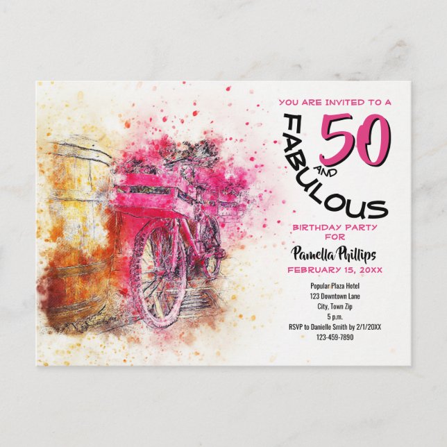 Girly Bicycle 50 and Fabulous Birthday Invitation Postcard (Front)