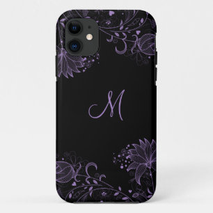 Girly Black and Purple Sketched Floral iPhone5 iPhone 11 Case
