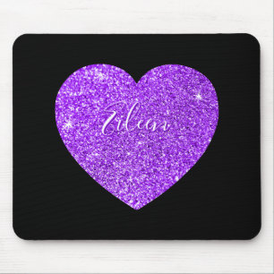 Girly Black and Purple Sparkly Faux Glitter Heart Mouse Pad