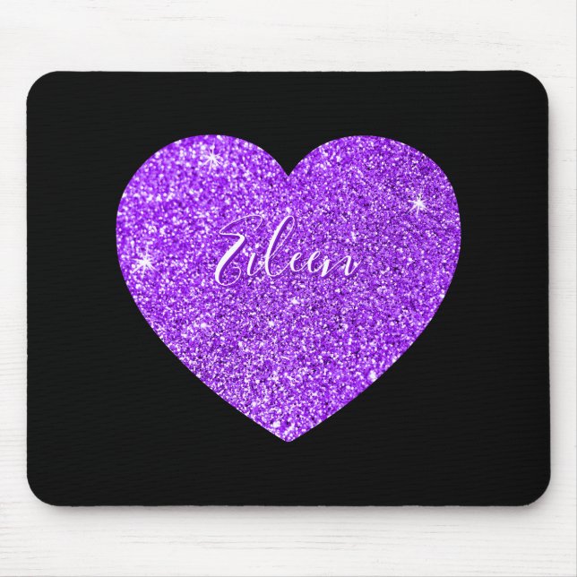 Girly Black and Purple Sparkly Faux Glitter Heart Mouse Pad (Front)