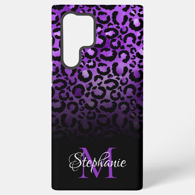 Girly Black and Violet Leopard Ombre Monogram Samsung Galaxy S22 Ultra Case (Back)