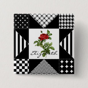 Girly Black and White Geometric Red Rose With Name 15 Cm Square Badge