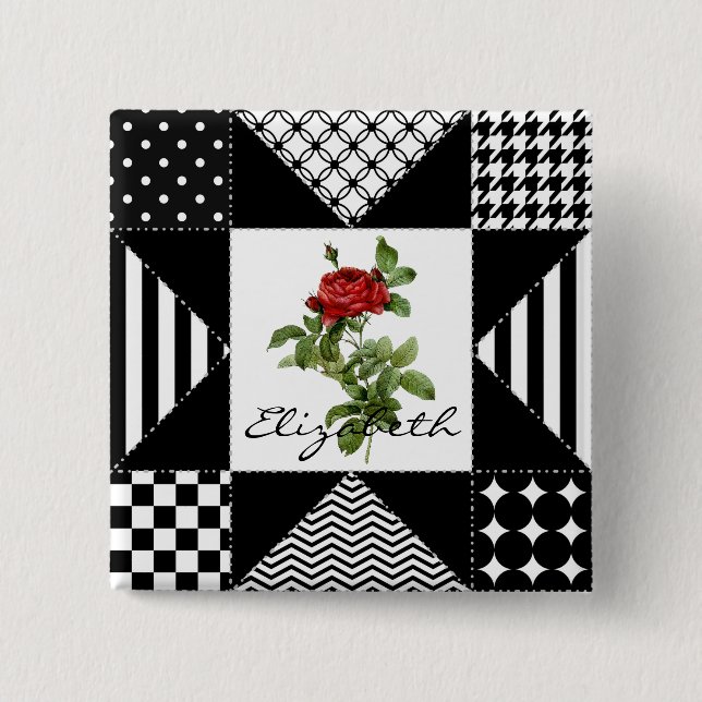Girly Black and White Geometric Red Rose With Name 15 Cm Square Badge (Front)