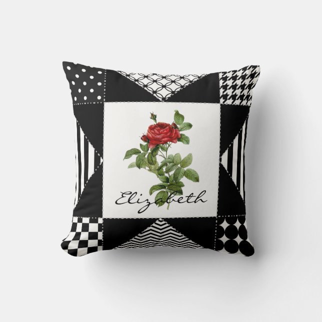 Girly Black and White Geometric Red Rose With Name Cushion (Front)