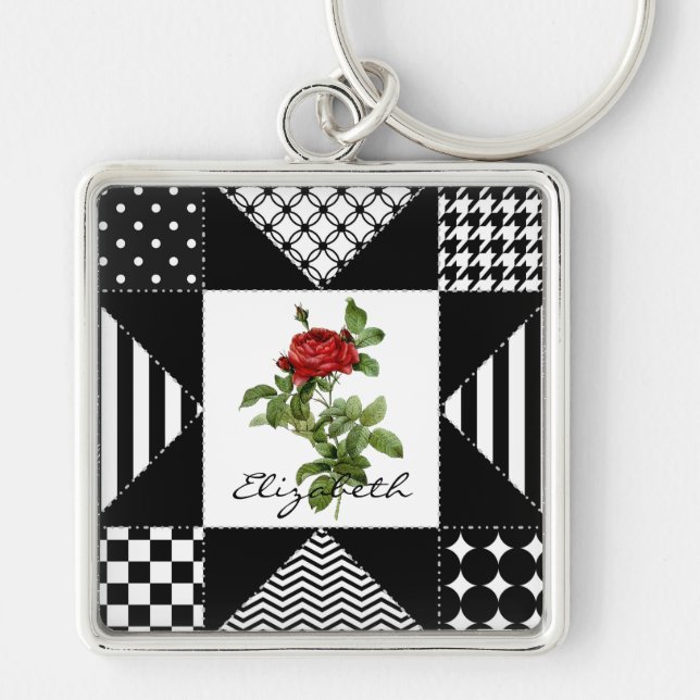 Girly Black and White Geometric Red Rose With Name Key Ring (Front)