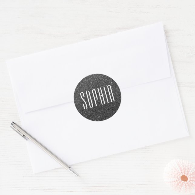 Girly Black and White Glitter Name Cute Sparkle Classic Round Sticker (Envelope)