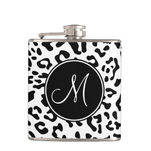 Girly Black and White Leopard Spot Monogram Hip Flask
