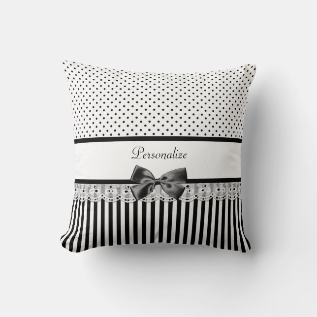 Girly Black and White Victorian Stripes With Name Cushion (Front)