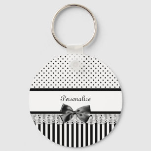 Girly Black and White Victorian Stripes With Name Key Ring