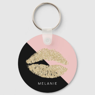 Girly Black Blush Pink Chic Glitter Lips Key Ring