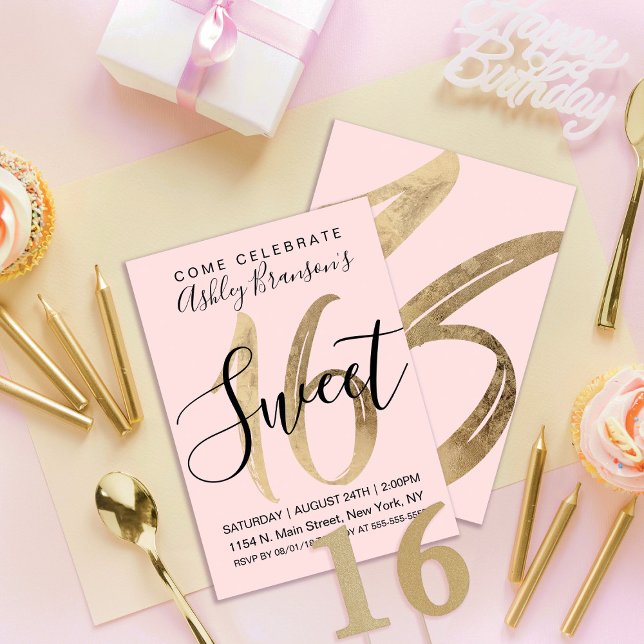 Girly Black Blush Pink Gold Foil Sweet 16 Invitation (Creator Uploaded)