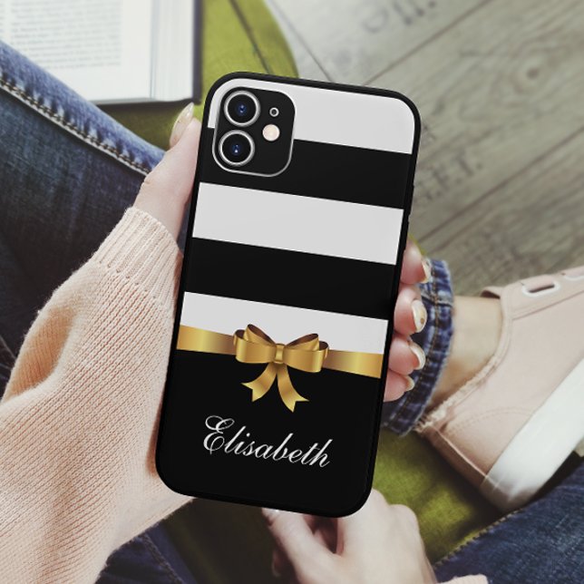 Girly Black Bold Stripes Golden BOW personalised Case-Mate iPhone Case (Creator Uploaded)