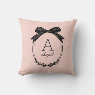 Girly Black Bow Modern Script Blush Pink Monogram Cushion