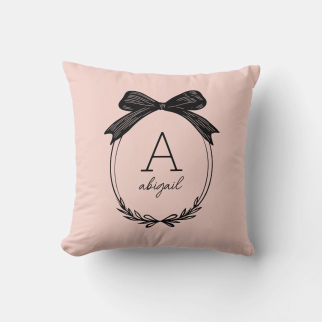 Girly Black Bow Modern Script Blush Pink Monogram Cushion (Front)
