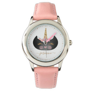 Girly Black Caticorn Face Gold Script Monogram Watch